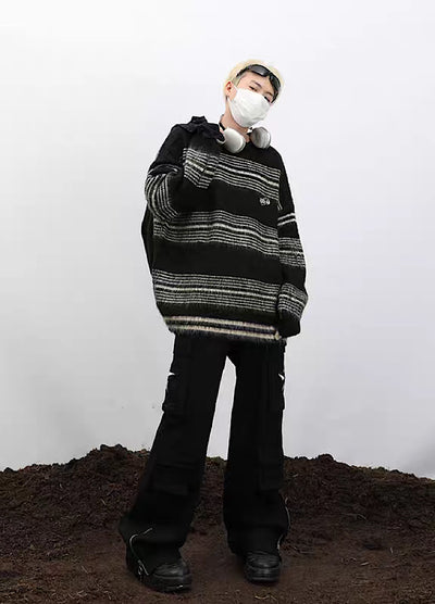 【MAXDSTR】Border color design loose silhouette knit sweater  MD0112