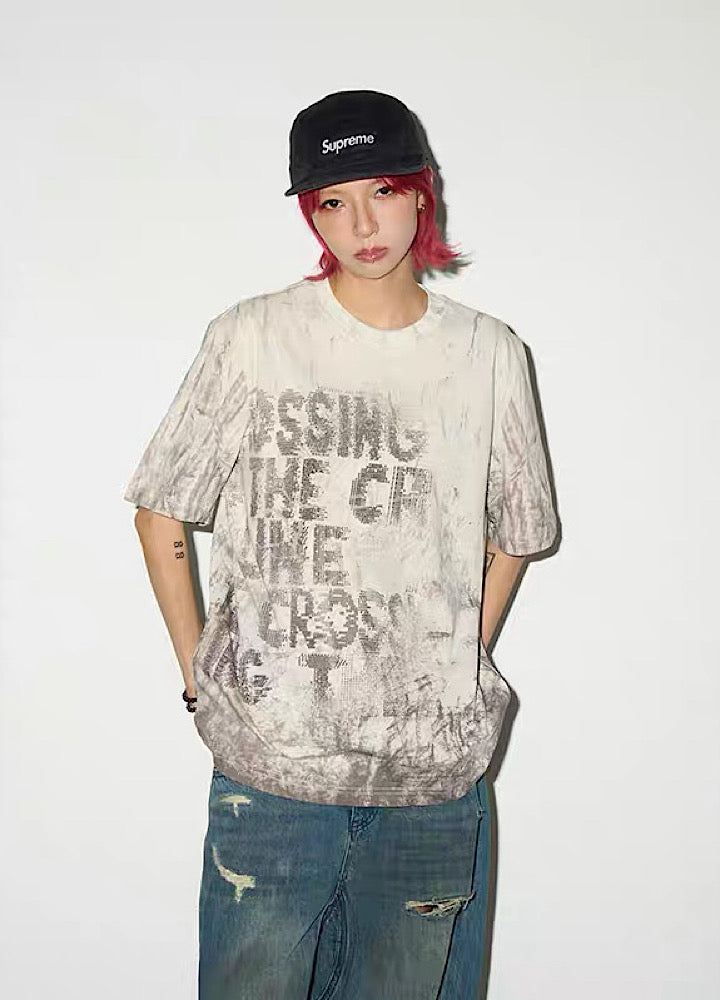 【MICHINNYON】Full-washed initial design trendy style short-sleeved T-shirt  MY0046