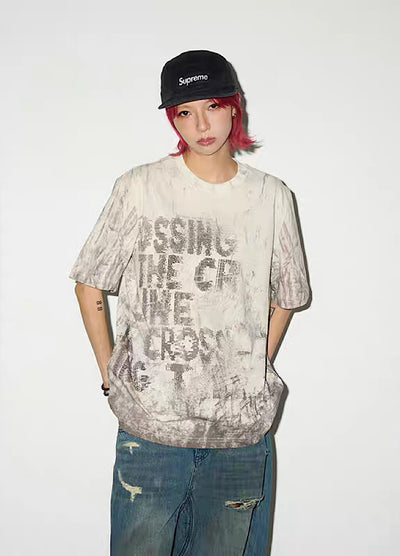 【MICHINNYON】Full-washed initial design trendy style short-sleeved T-shirt  MY0046