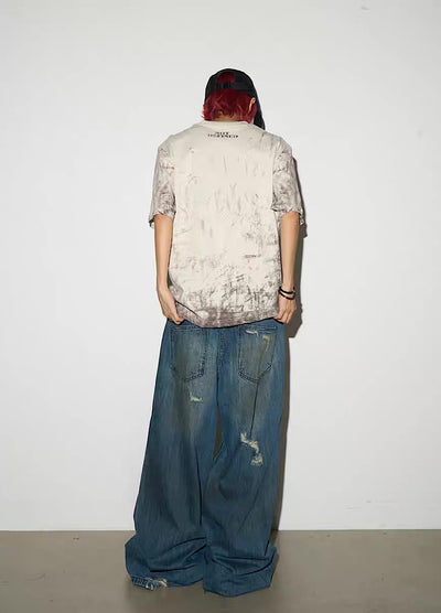 【MICHINNYON】Full-washed initial design trendy style short-sleeved T-shirt  MY0046