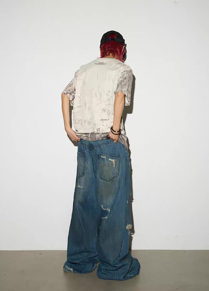 【MICHINNYON】Full-washed initial design trendy style short-sleeved T-shirt  MY0046