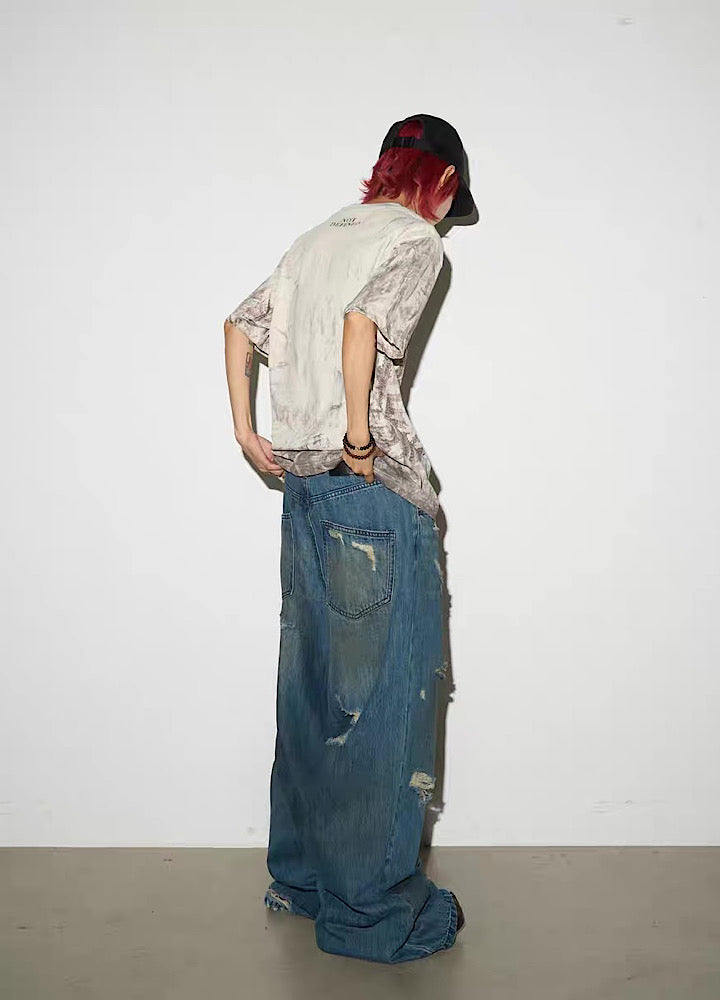 【MICHINNYON】Full-washed initial design trendy style short-sleeved T-shirt  MY0046
