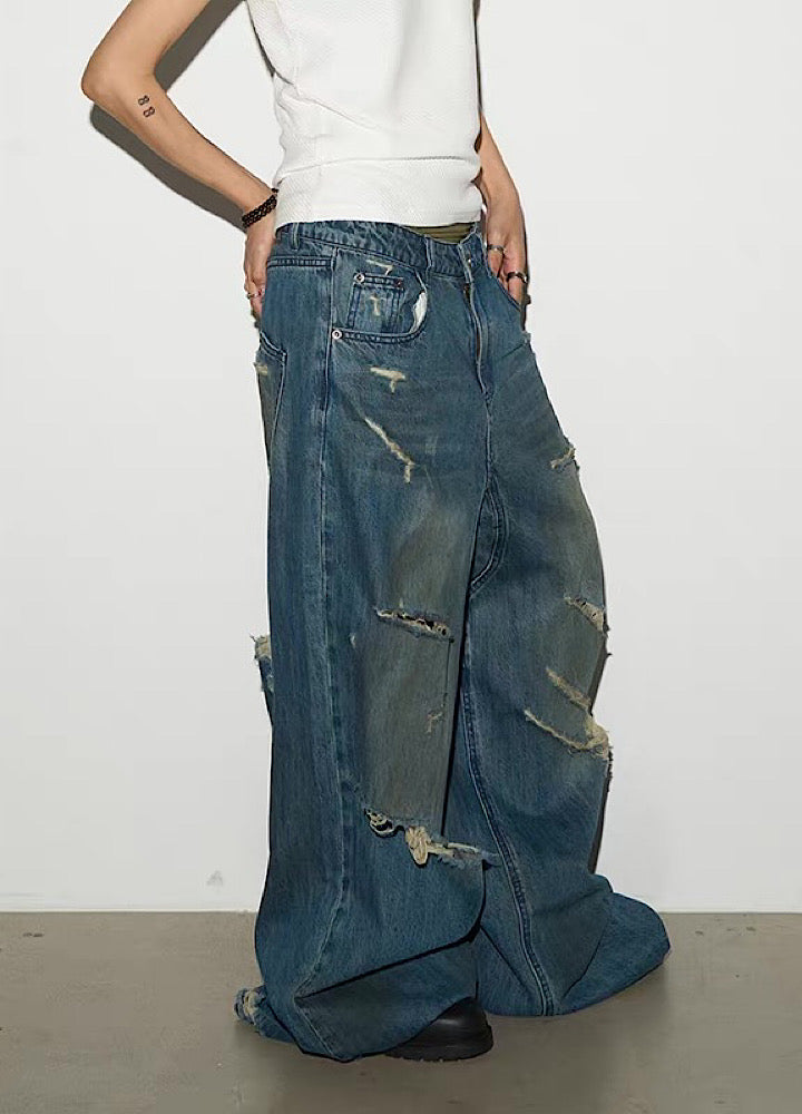 【MICHINNYON】Countless Damaged Wash Design Wide Style Denim Pants  MY0047