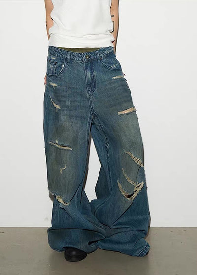 【MICHINNYON】Countless Damaged Wash Design Wide Style Denim Pants  MY0047