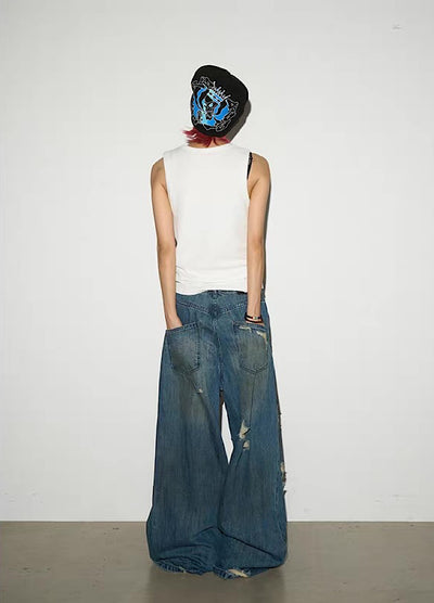 【MICHINNYON】Countless Damaged Wash Design Wide Style Denim Pants  MY0047