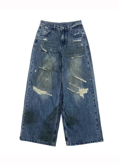 【MICHINNYON】Countless Damaged Wash Design Wide Style Denim Pants  MY0047