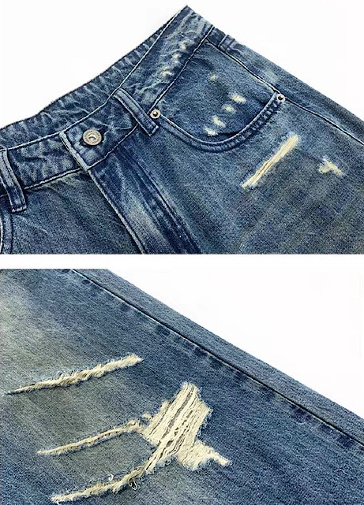【MICHINNYON】Countless Damaged Wash Design Wide Style Denim Pants  MY0047