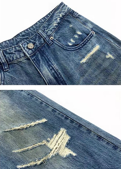 【MICHINNYON】Countless Damaged Wash Design Wide Style Denim Pants  MY0047