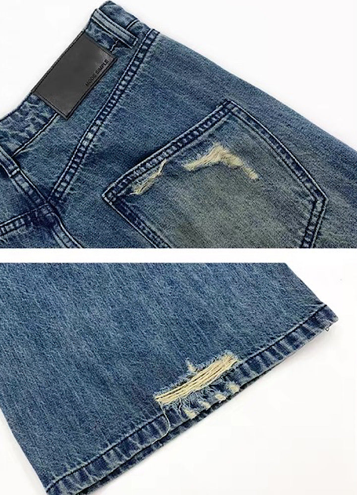 【MICHINNYON】Countless Damaged Wash Design Wide Style Denim Pants  MY0047