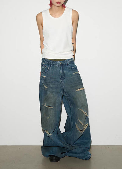 【MICHINNYON】Countless Damaged Wash Design Wide Style Denim Pants  MY0047