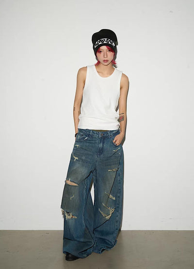 【MICHINNYON】Countless Damaged Wash Design Wide Style Denim Pants  MY0047