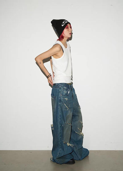 【MICHINNYON】Countless Damaged Wash Design Wide Style Denim Pants  MY0047