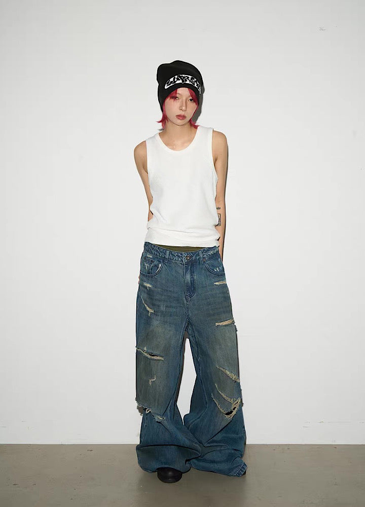 【MICHINNYON】Countless Damaged Wash Design Wide Style Denim Pants  MY0047
