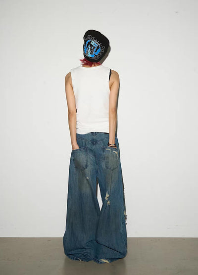 【MICHINNYON】Countless Damaged Wash Design Wide Style Denim Pants  MY0047