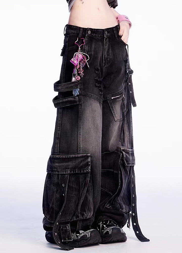 Eleven shop97】Design Wide Oversuspended Washed Cargo Denim Pants