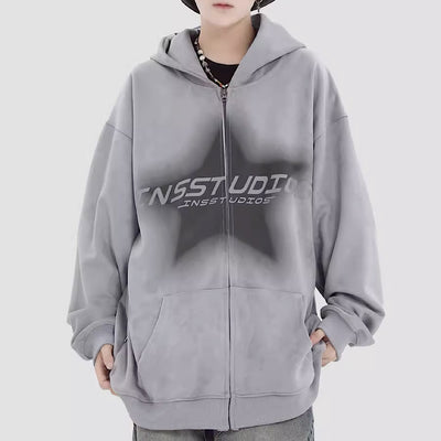 【INS】Glass washed one point star full zip hoodie  IN0018