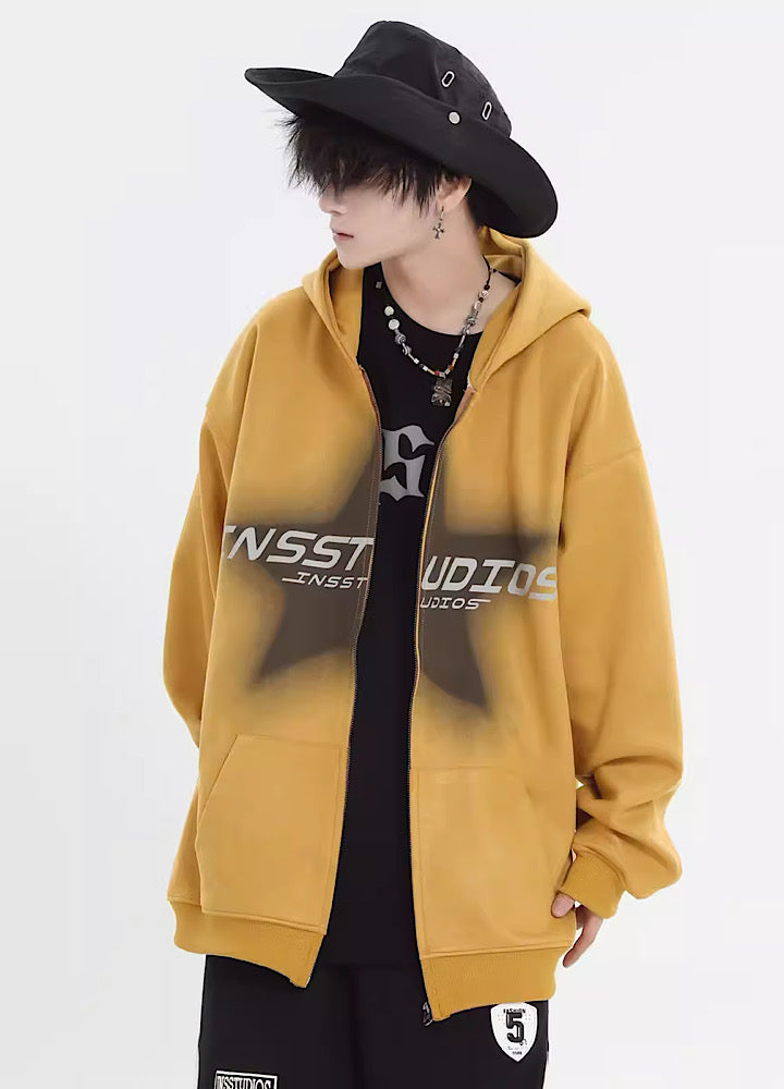 【INS】Glass washed one point star full zip hoodie  IN0018