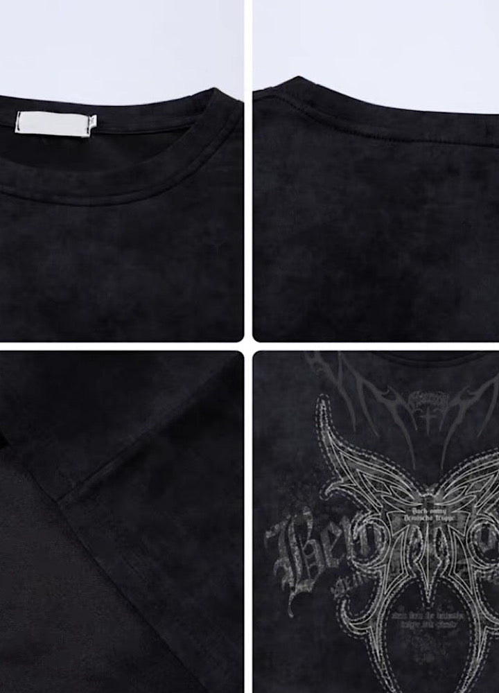 【Mz】Front Butterfly Design Base Pattern Color Over Silhouette Short-Sleeved T-Shirt  MZ0070