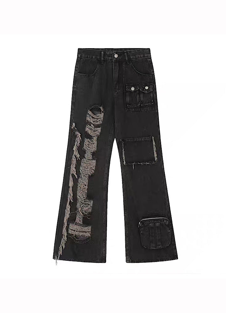 BTSG】Left and right gimmick design damaged cargo denim pants 