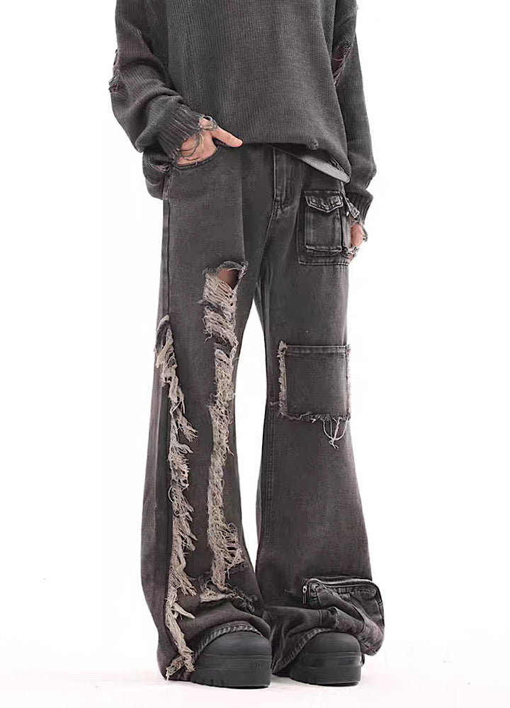 BTSG] Left and right gimmick design damaged cargo denim pants 