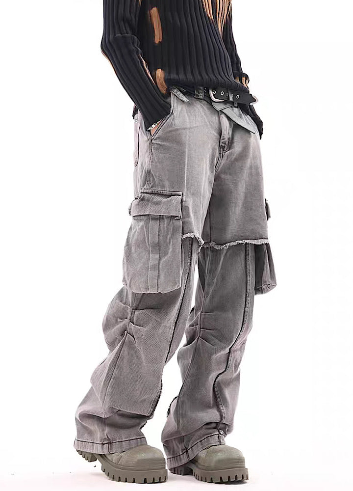 [BTSG] Gimmick design gray washed straight denim pants BS0012