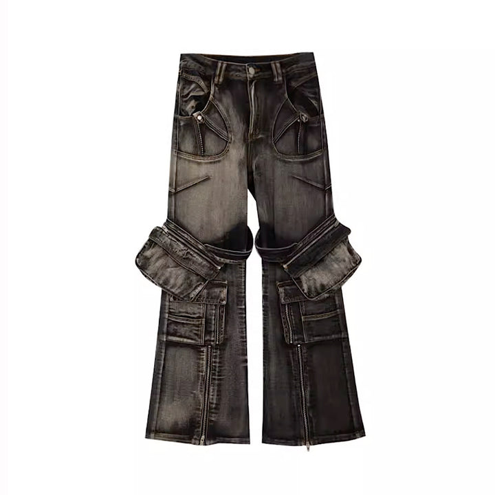 【People Style】Hyper Full Metal Punk Wide Design Silhouette Cargo Denim  PS0007