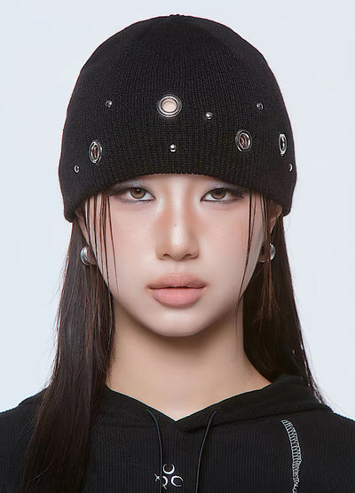 【10/6新作】Metal Eyelet Stud Detail Beanie  HL3306