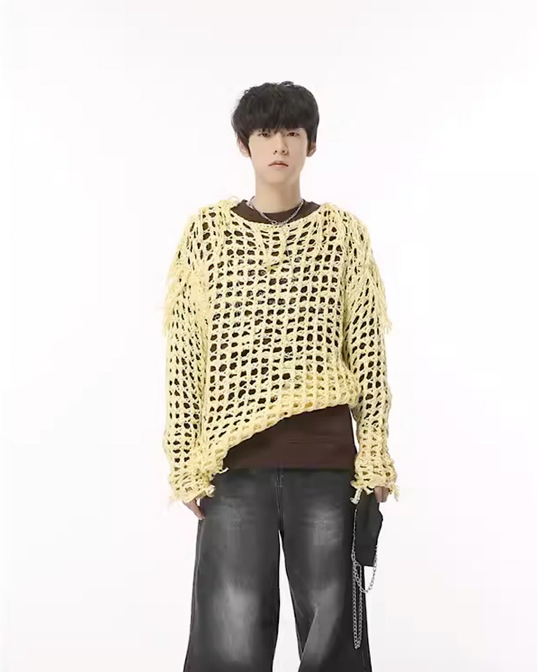 【PLAN1ONE】Overall frayed damage processing mesh design knit  PL0025