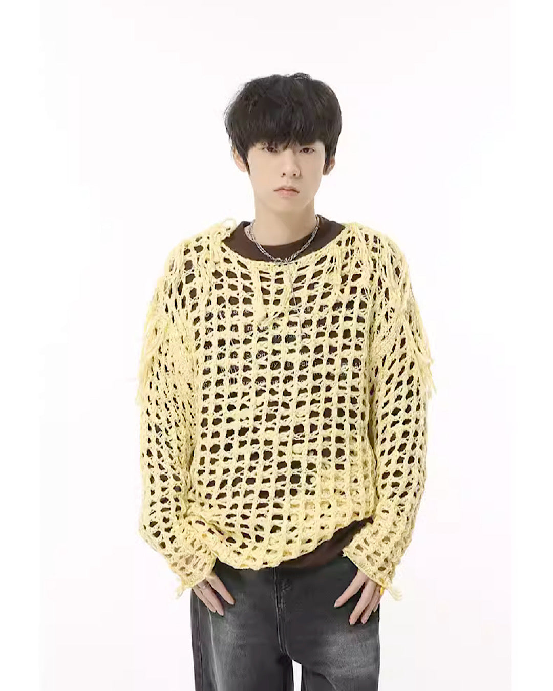 【PLAN1ONE】Overall frayed damage processing mesh design knit  PL0025