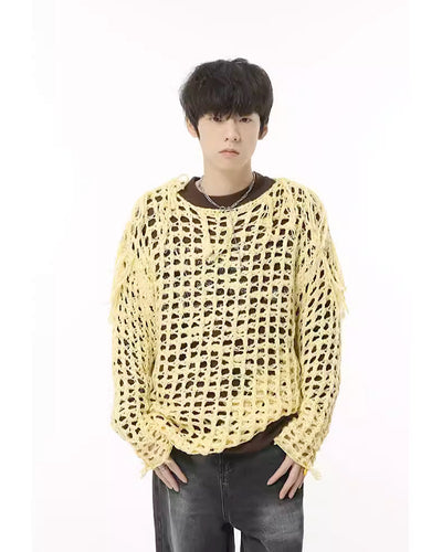 【PLAN1ONE】Overall frayed damage processing mesh design knit  PL0025