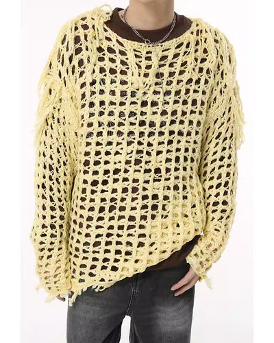 【PLAN1ONE】Overall frayed damage processing mesh design knit  PL0025