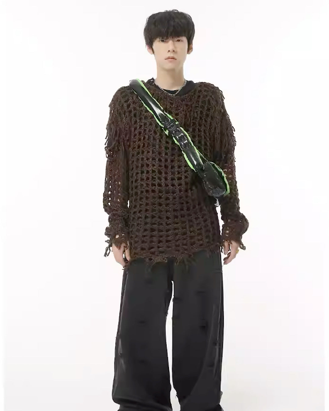 【PLAN1ONE】Overall frayed damage processing mesh design knit  PL0025