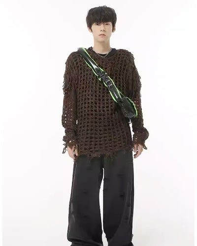 【PLAN1ONE】Overall frayed damage processing mesh design knit  PL0025