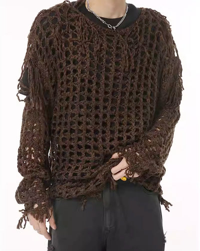 【PLAN1ONE】Overall frayed damage processing mesh design knit  PL0025
