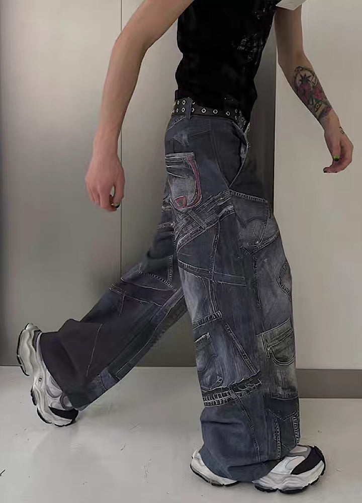 [SOULWORKER] Patchwork-style patchwork design vintage denim pants SW0001