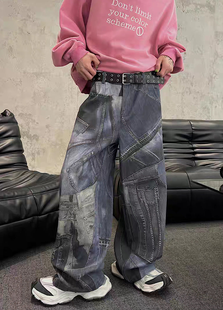 【SOULWORKER】Patchwork-style patchwork design vintage denim pants  SW0001