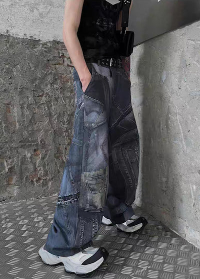 【SOULWORKER】Patchwork-style patchwork design vintage denim pants  SW0001
