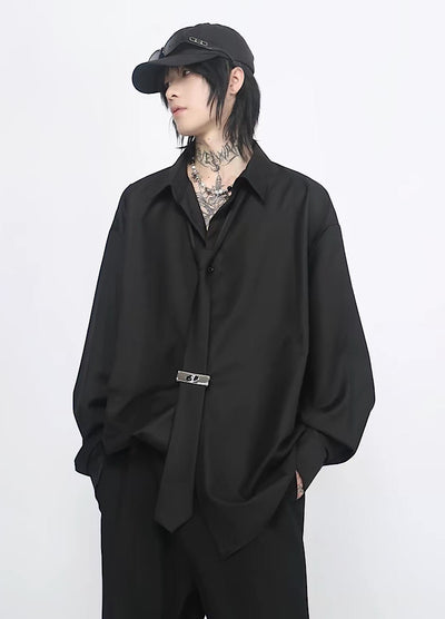 【Mz】Drapey Loose Silhouette Simple Design Tie and Long-Sleeve Shirt  MZ0087