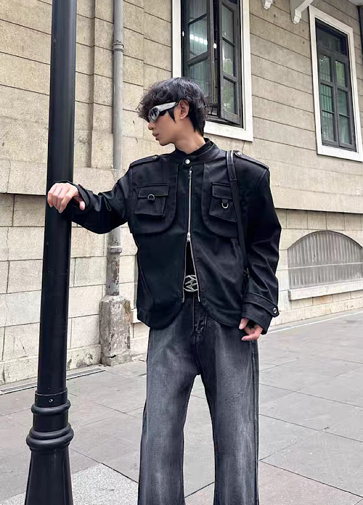 【MARTHENAUT】Double pocket design chic leather jacket  MH0028