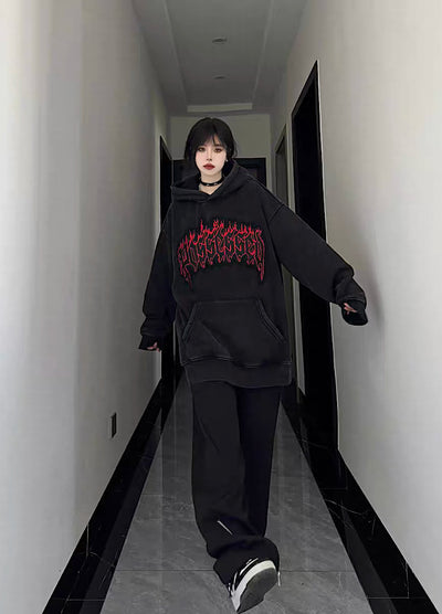 [W3] Subculture flame initial design low rise hoodie WO0037