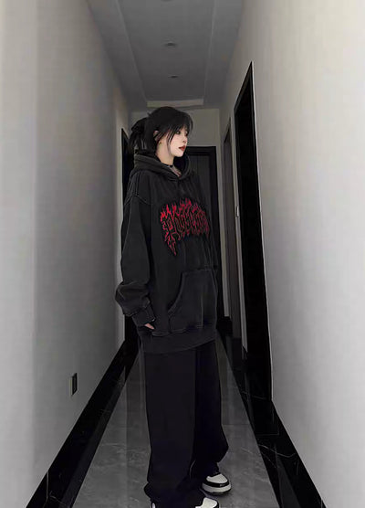 【W3】Subculture flame initial design low rise hoodie  WO0037