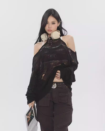 【UNCMHISEX】Knit material all-in-one type accent sheer top  UX0008