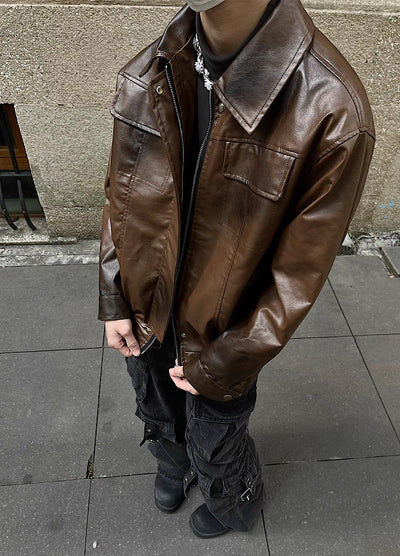 [MAXDSTR] Regular silhouette leather design overjacket MD0129