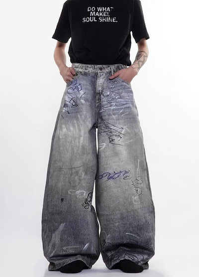 【76street】Muted vintage graffiti design washed wide denim pants  ST0017