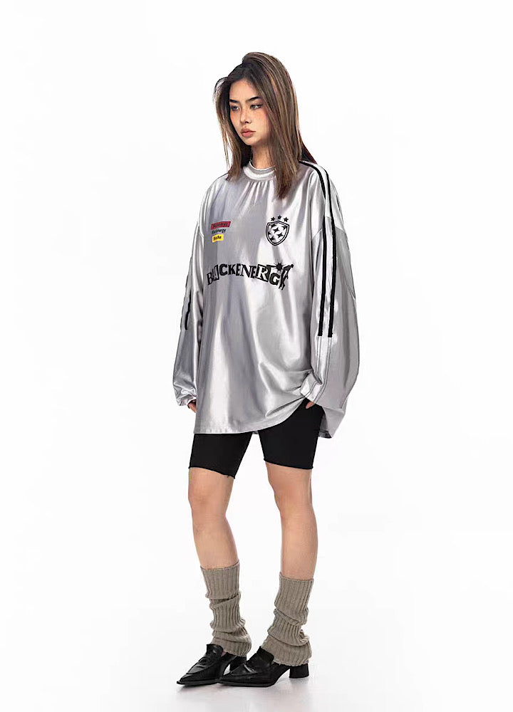 [BLACK BB] Silver full metal color design sporty logo long sleeve T-shirt BK0014