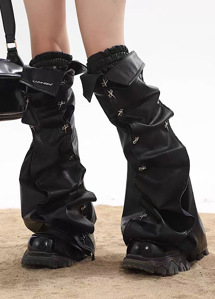 [UNCMHISEX] Silver Patchment Crimping Design Leather Leg Warmers UX0025