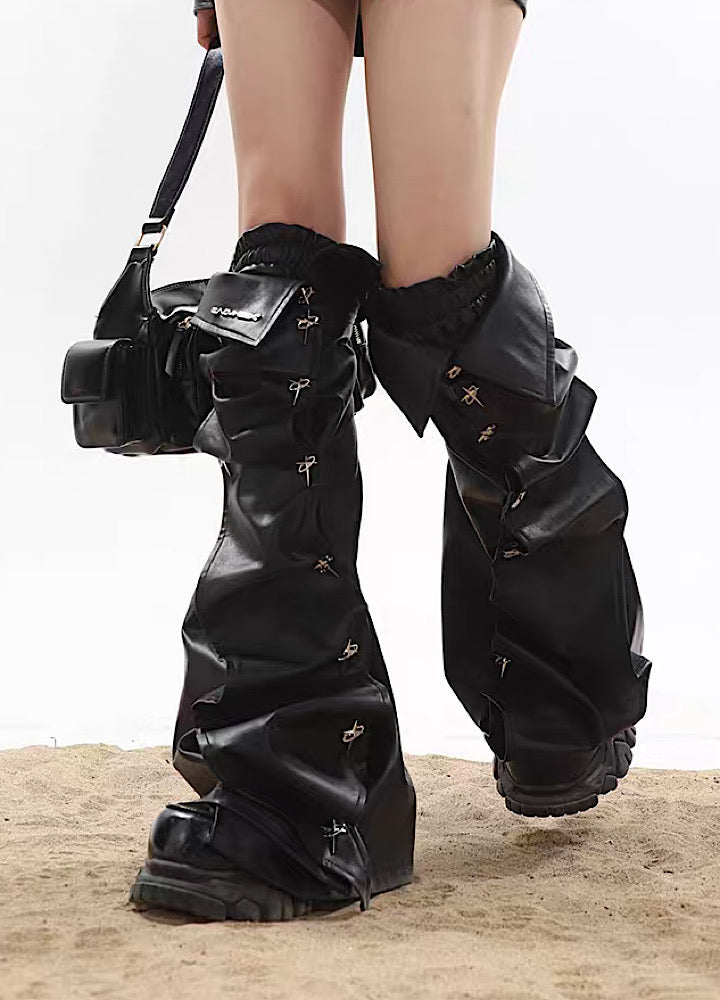 【UNCMHISEX】Silver Patchment Crimping Design Leather Leg Warmers  UX0025