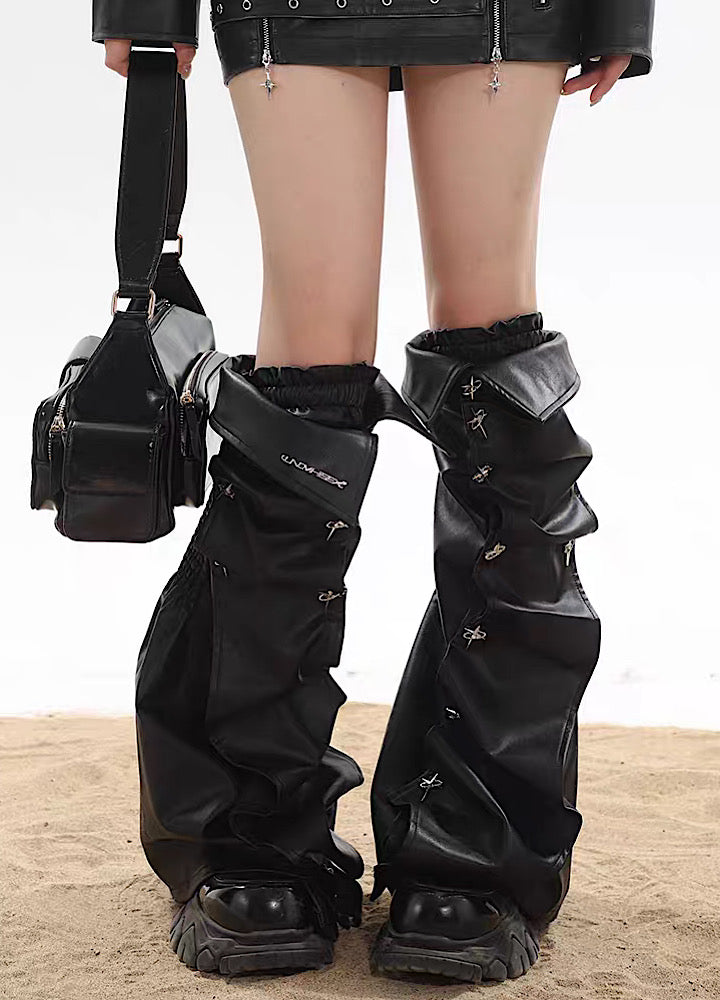 【UNCMHISEX】Silver Patchment Crimping Design Leather Leg Warmers  UX0025