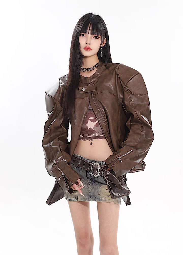 【UNCMHISEX】Short sleeve basic silhouette design leather jacket  UX0026