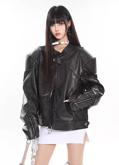 [UNCMHISEX] Short sleeve basic silhouette design leather jacket UX0026